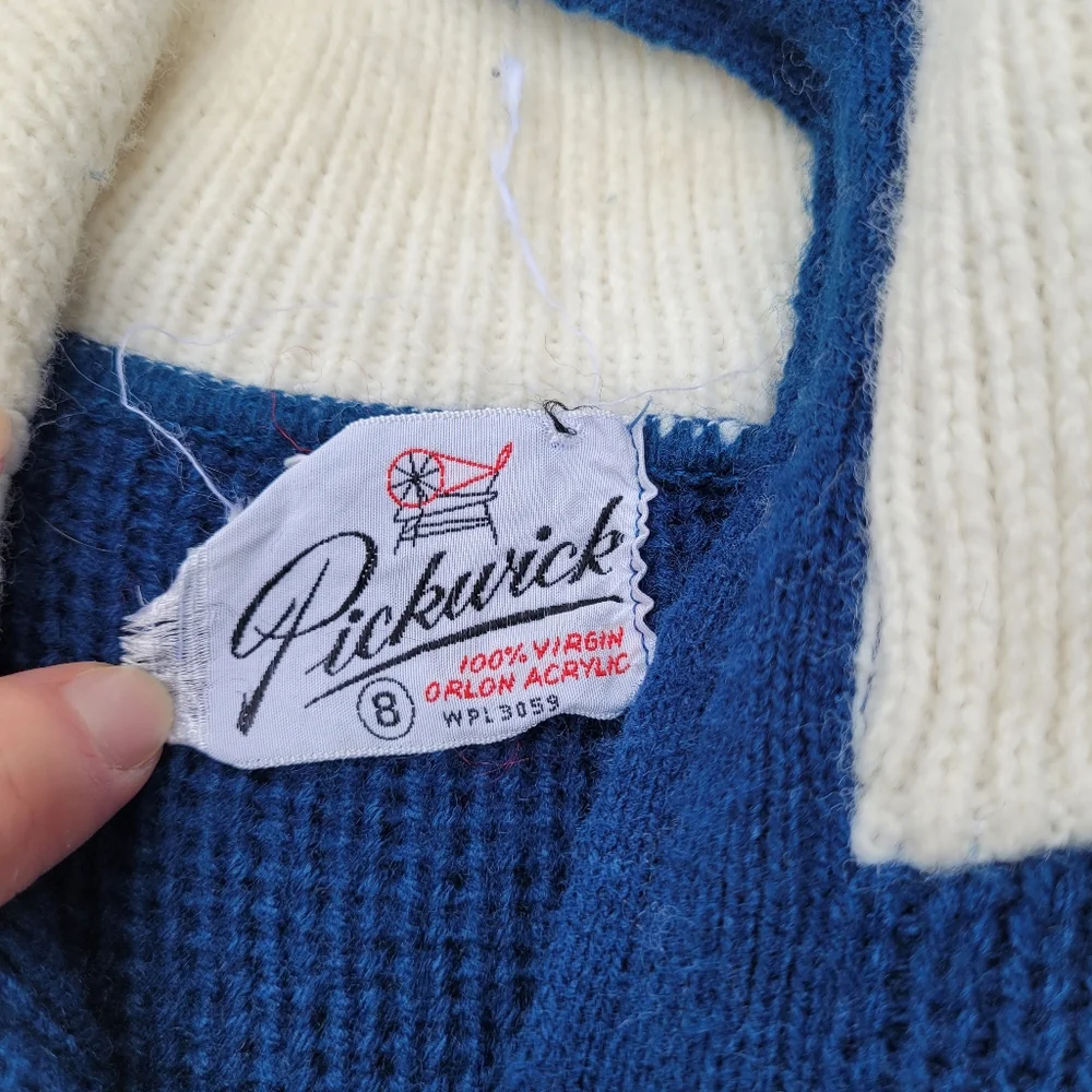Vintage wool blue and white zip up turtleneck cardigan sweater